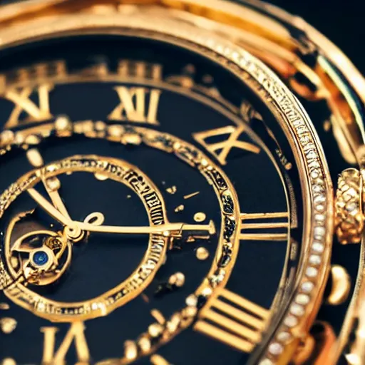 Image similar to close up of a gold wrist watch, intricate, complex, high detail