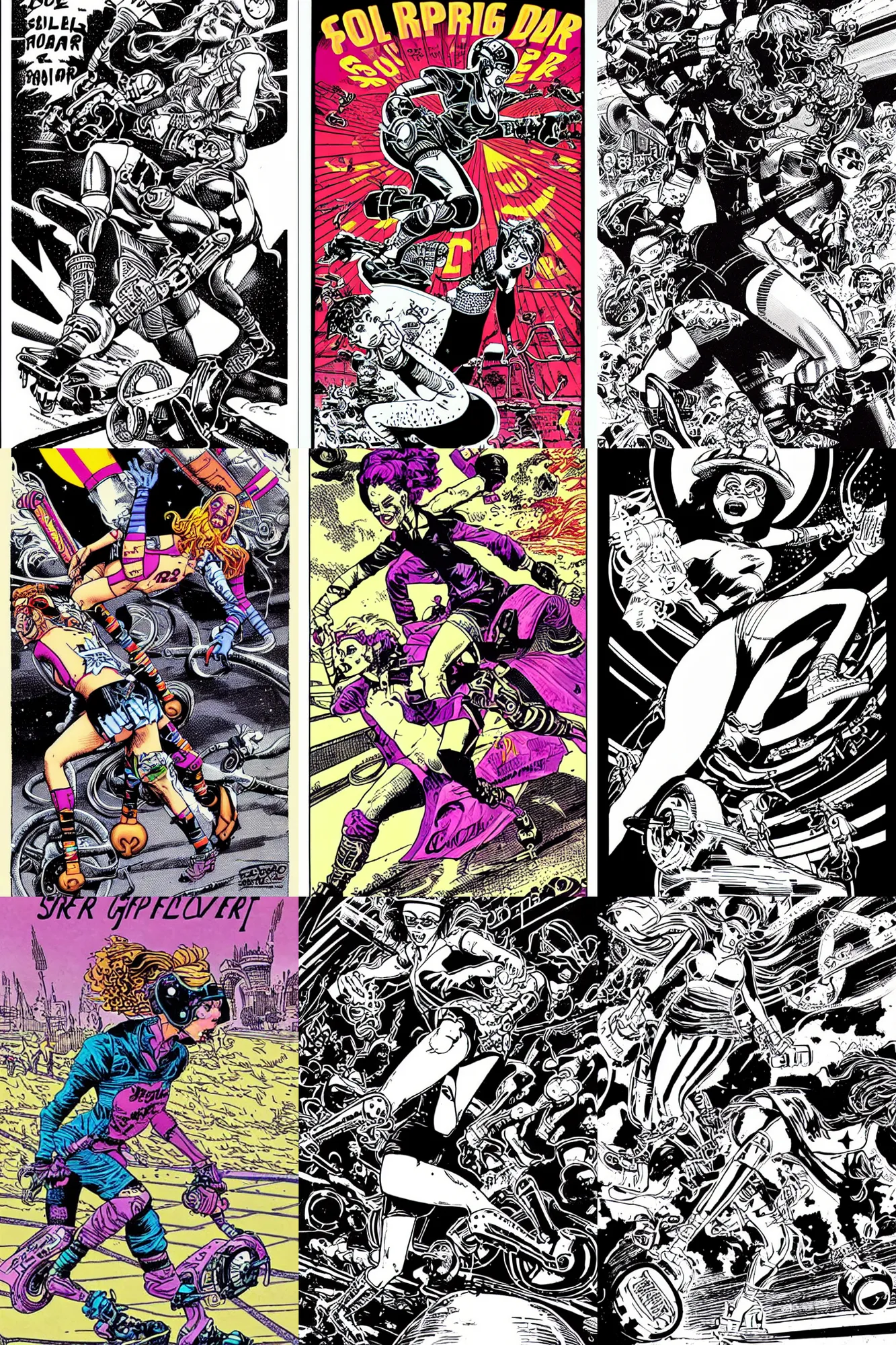 Prompt: roller derby girl sprinting Cross-Over, Philippe Caza