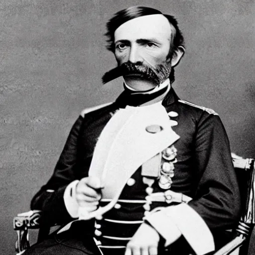 Image similar to a 1 8 5 8 photo of general pitzer, a union general, eating a large burrito with cheese and salsa