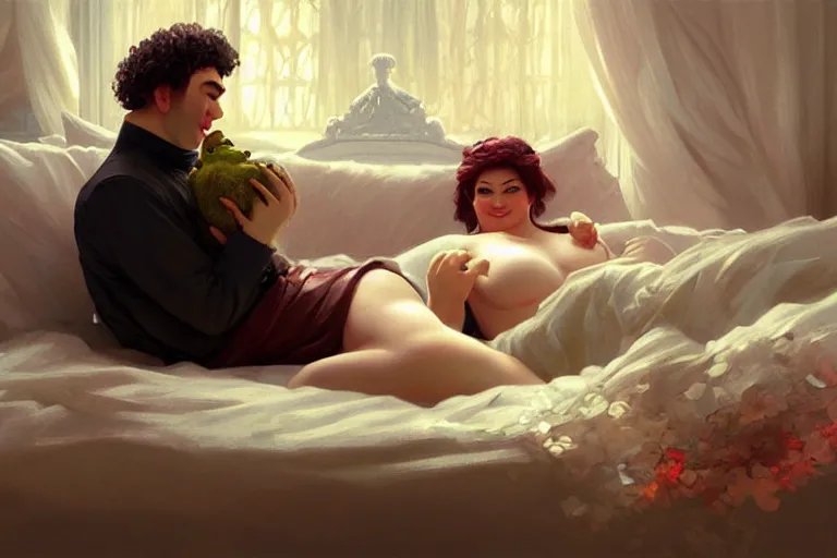 Image similar to russian poet alexander pushkin and shrek together in bed, portrait, highly detailed, digital painting, artstation, concept art, smooth, sharp focus, illustration, cinematic lighting, art by artgerm and greg rutkowski and alphonse mucha