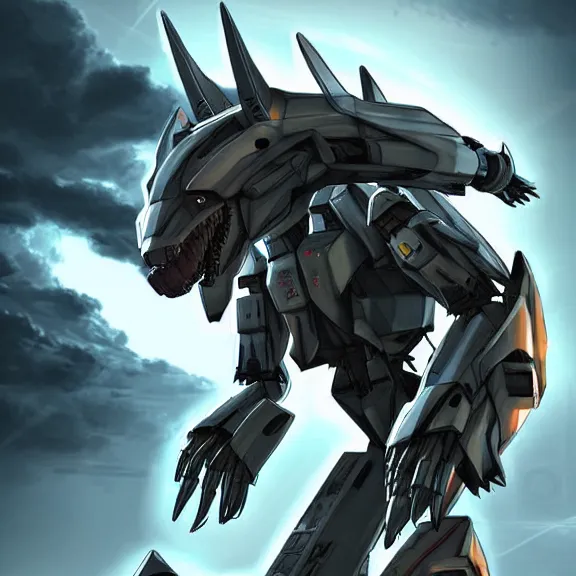 Image similar to hyper realistic, epic, highly detailed cinematic full body shot of a mecha canine, sharp claws, sleek armor, glowing visor, destroying city, digital art, furry art, dragon art, zoids art, furaffinity, deviantart