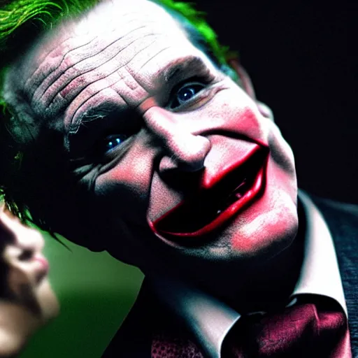 Image similar to stunning awe inspiring ( robin williams ) as the joker 8 k hdr movie still atmospheric lighting