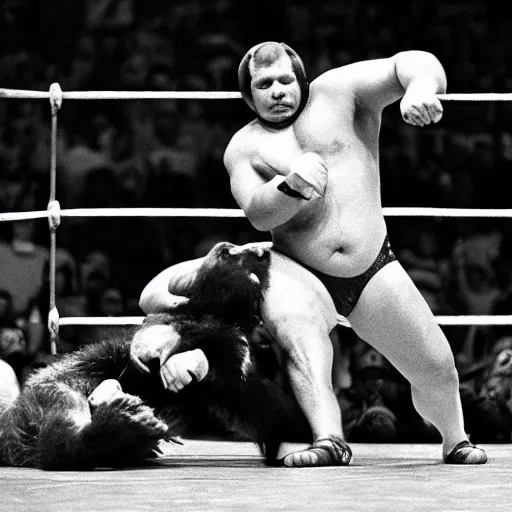 Image similar to maniac marvin mcglory wrestling a bear. madison square garden, 1 9 6 8. award - winning photograph.