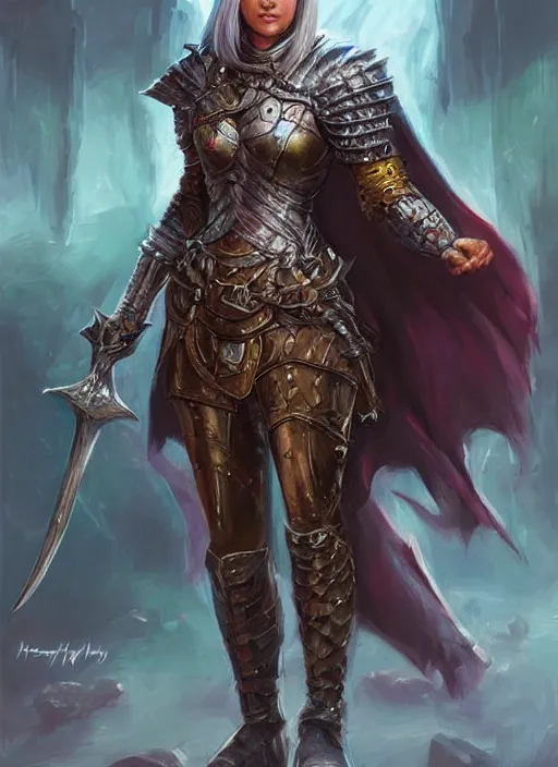 Image similar to female knight, ultra detailed fantasy, dndbeyond, bright, colourful, realistic, dnd character portrait, full body, pathfinder, pinterest, art by ralph horsley, dnd, rpg, lotr game design fanart by concept art, behance hd, artstation, deviantart, hdr render in unreal engine 5