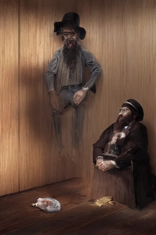 Prompt: A doll of a hassidic rabbi is sitting on a wooden floor, his face is crooked and it stares at the camera ominously, horror, illustrated by Greg Rutkowski , Trending on artstation