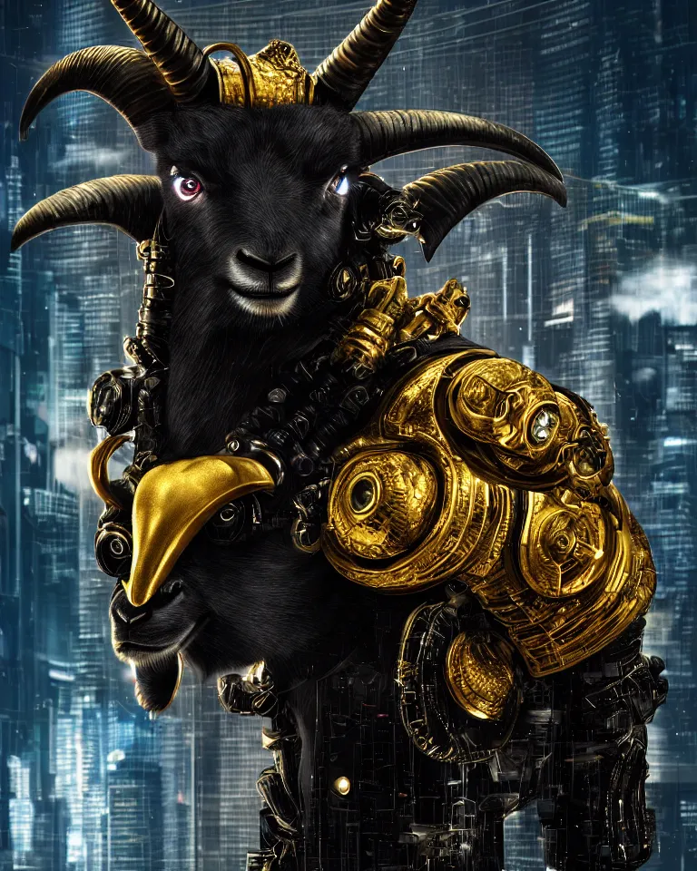 Image similar to cyberpunk Black ram with golden horns portrait, detailed face and eyes, city background, by Anne Stokes, 8K DoP