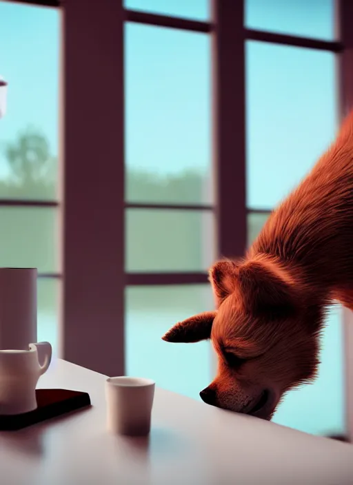 Image similar to female furry dog drinking coffee, cinematic lighting, hyper detailed, furry art style