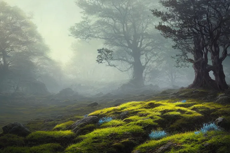 Image similar to beautiful oil painting of a rocky field with moss, a tree with blue leaves, glowing, gloomy, atmospheric lighting, detailed, by greg rutkowski, trending on artstation