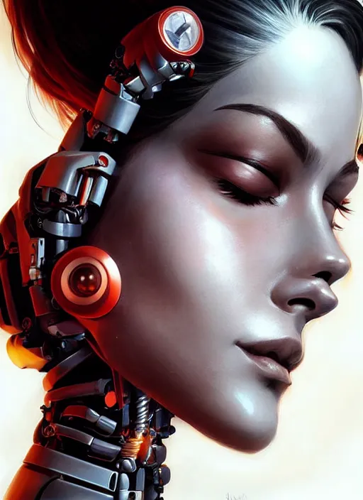 Prompt: portrait of a cyborg woman who turns her head to the ((((((right))))) left+3 (((((up))))) (((((down))))) by Artgerm,eyes closed , biomechanical, hyper detailled, trending on artstation