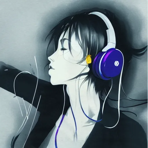 Image similar to cool girl with headphones, expressive sumi-e brush strokes flowing through the composition energetically, sound waves, powerful zen composition, by takehiko inoue and ross tran