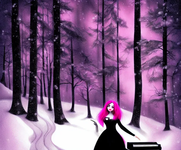 Prompt: a beautiful face gothic girl, pink hair in a stunning black dress playing a piano in the dark snowy forest by zatzka, hans, matte painting, illustration