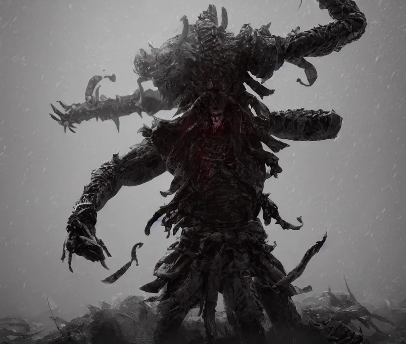 Image similar to samurai standing on a bunch of bodies with 6 arms , gloomy and foggy atmosphere, octane render, artstation trending, horror scene, highly detailded