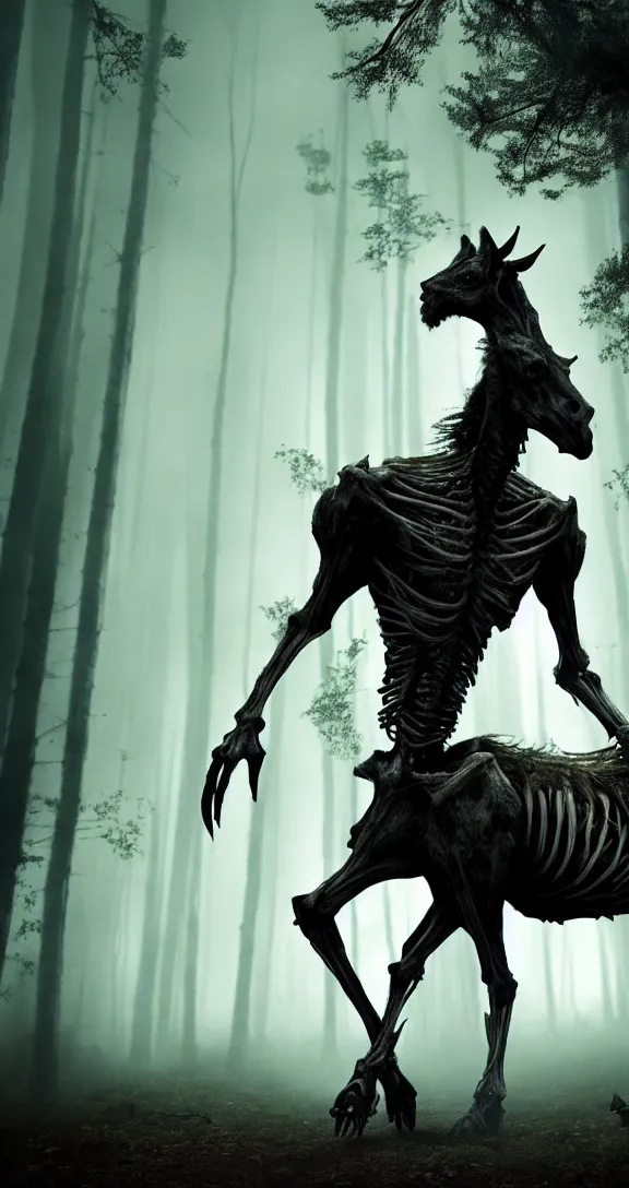 Image similar to a cinema still of a tall, bony humanoid creature with the head and hooves of a horse and disproportionately long limbs with dark gloomy forest in the background shot by guilliermo del toro, horror, dark, natural, hyper detailed, digital art, trending in artstation, cinematic lighting, studio quality,