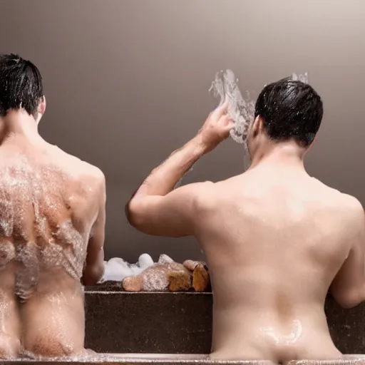 Prompt: men taking a bath while reading the journal