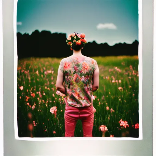 Image similar to kodak portra 4 0 0 photograph of a skinny blonde goth guy standing far back in a field of flowers, back view, flower crown, moody lighting, telephoto, 9 0 s vibe, blurry background, vaporwave colors, faded!,