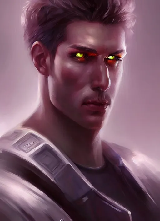 Image similar to « a portrait of a muscular cyberpunk male warrior, a digital painting by charlie bowater, featured on cgsociety, fantasy art, behance hd, wiccan, artstation hd »