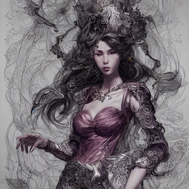 Image similar to the portrait of the lawful evil sorceress lawyer as an absurdly beautiful, graceful, elegant, sophisticated, woman, an ultrafine hyperdetailed illustration by kim jung gi, irakli nadar, intricate linework, bright colors, octopath traveler, final fantasy, unreal engine 5 highly rendered, global illumination, radiant light, detailed and intricate environment