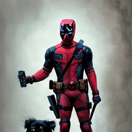 Prompt: deadpool holding a puppy,digital art,realistic,detailed,art by greg rutkowski,cinematic,dramatic