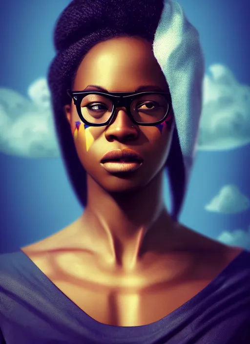 Prompt: attractive female portrait of african ninja, with glasses on, cloud background, rule of thirds, uplight, intricate, symmetrical!!, war paint, anime, prism highlights, depth of field, cinematic, filmic, vsco, concept art, artstation, digital painting, elegant, epic, focus, octane render, vray render, arnold render,