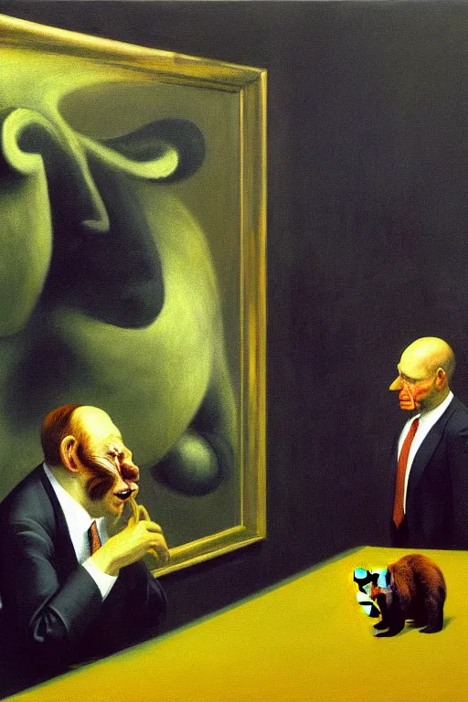 Image similar to man in business costume, a bear in business costume, business negotiations process, hauntingly surreal, highly detailed painting by francis bacon, edward hopper, adrian ghenie, gerhard richter, and james jean soft light 4 k,