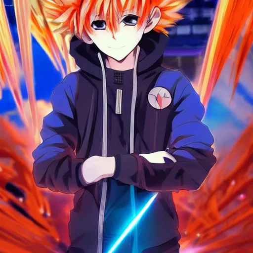 Prompt: orange - haired anime boy, 1 7 - year - old anime boy with wild spiky hair, wearing blue jacket, holding magical technological card, futuristic effects, fractal card, magic card, in front of ramen shop, strong lighting, strong shadows, vivid hues, raytracing, sharp details, subsurface scattering, intricate details, hd anime, 2 0 1 9 anime