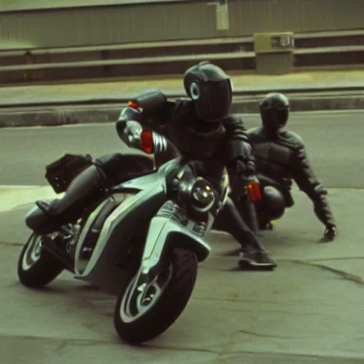 Image similar to Film still of 'Robot Future 2050' (1990). Motorcycle chase scene. Sigma 85mm f/1.4