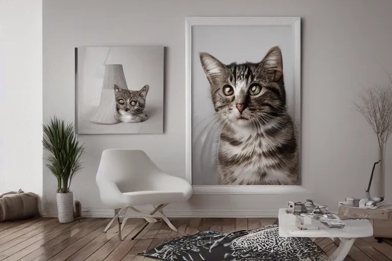 Image similar to Photography of Cat in modern Provence style room, photorealism,