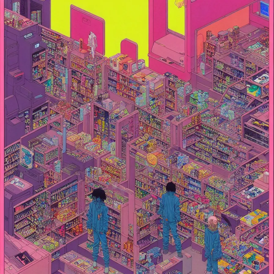 Prompt: ( ( ( ( cyberpunk convenience store ) ) ) ) by mœbius!!!!!!!!!!!!!!!!!!!!!!!!!!!, overdetailed art, colorful, artistic record jacket design