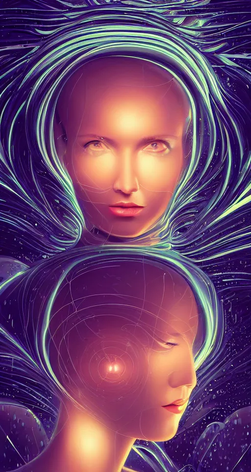 Prompt: art deco close up portait of head surrounded by spheres, rain like a dream digital painting curvalinear clothing cinematic dramatic fluid lines otherworldly vaporwave interesting details epic composition by artgerm