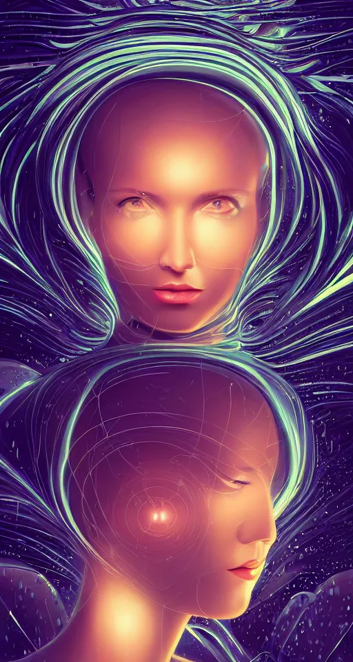 Image similar to art deco close up portait of head surrounded by spheres, rain like a dream digital painting curvalinear clothing cinematic dramatic fluid lines otherworldly vaporwave interesting details epic composition by artgerm