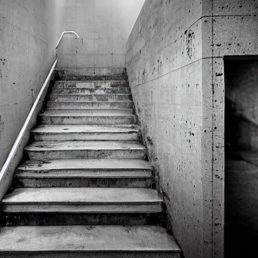 Image similar to black and white press photograph, highly detailed interior constructed only with concrete stairs, detailed textures, natural light, mist, architecture photography, film grain, soft vignette, sigma 8 5 mm f / 1. 4 1 / 1 0 sec shutter, darren aronofsky film still promotional image, imax 7 0 mm footage