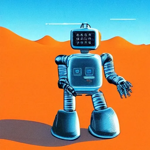 Prompt: “ a picture of a chrome robot walking through outer world desert, a retro sci - fi art by moebius, a path made of a circuit board, orange desert, bright clean blue sky, retro sci - fi adventures ”