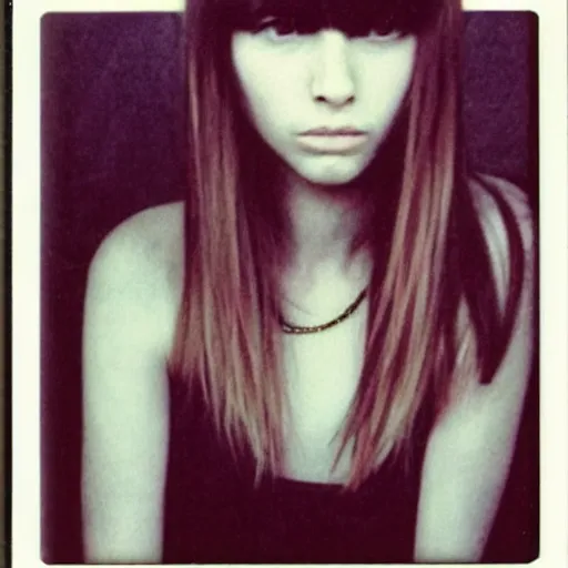 Image similar to polaroid photograph of emo girl, long hair and bangs