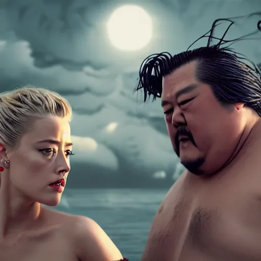 Image similar to Amber Heard and Johnny Depp are sumo fighting, artstation, matte painting, highly detailed, intricate, concept art, dramatic cinematic lighting, octane render, 8k, unreal engine