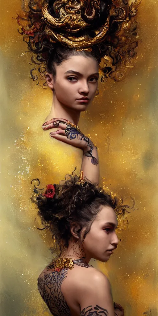 Prompt: an epic painting of a 1 9 years old girl figure, curly messy high bun hairstyle, oriental tattoos, jeweled ornament over forehead, subject wearing a gold and black high fashion gown, flowing, ornate, beautiful, intricate, dramatic earth colors, with few fire red highlights, by jeremy mann and greg rutkowski, oil on canvas, artstation