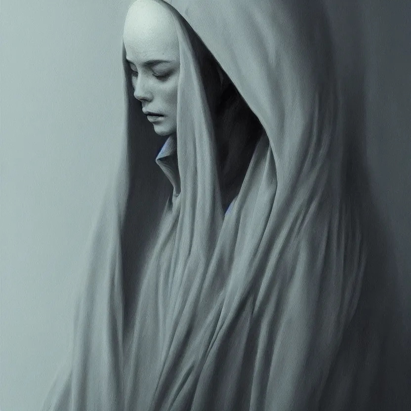 Image similar to Portrait of a young woman wearing a hooded robe, cinematic lighting, unique, intricate, elegant, highly detailed digital painting, trending on Artstation, concept art, smooth, sharp focus, illustration and art by Beksinski