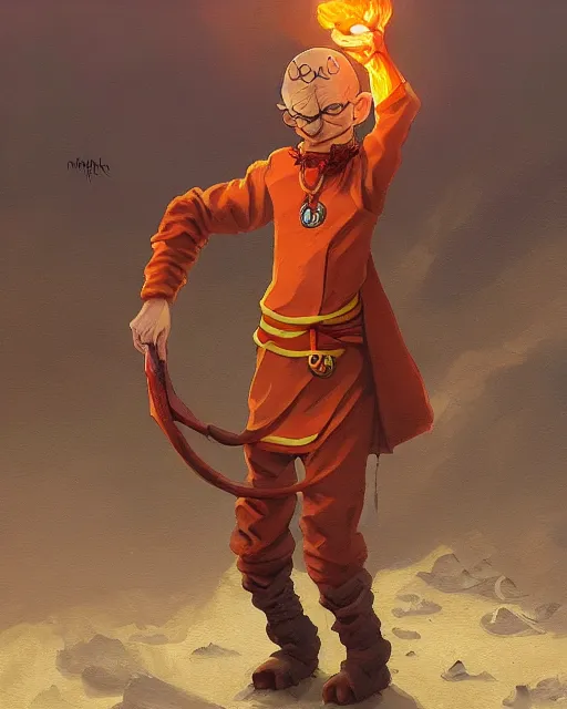 Image similar to [ [ squidward ] ] wearing fire nation clothing and practicing firebending outside at susnset, oil painting, highly [ detailed ], intricate, hd, sharp focus, photorealistic, by moebius and greg rutkowski, trending on artstation, trending on cgsociety, realistic shading and lighting