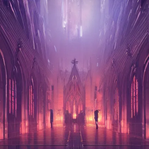 Image similar to “ inside a cathedral, cyberpunk art by vincent lefevre, behance contest winner, altermodern, cityscape, synthwave, matte painting ”