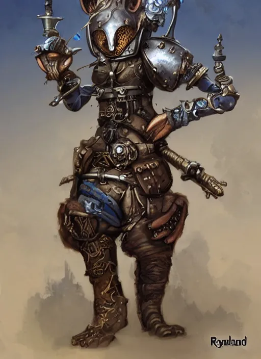 Image similar to blue skinned d & d kobold artificer in steam punk armor painted by raymond swanland