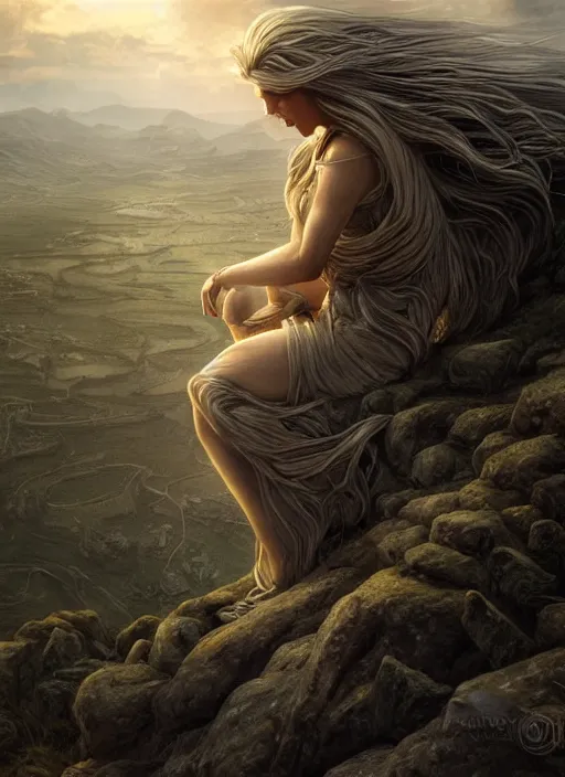 Prompt: A beautiful Norse Goddess with long flowing silver hair perched on a hilltop overlooking a village, fantasy, intricate, elegant, highly detailed, D&D, digital painting, artstation, concept art, matte painting, sharp focus, illustration, glowing light and shadow, atmospheric, shadowy, cinematic, in the style of Greg Rutkowski and artemisia gentileschi and Alphonse Mucha