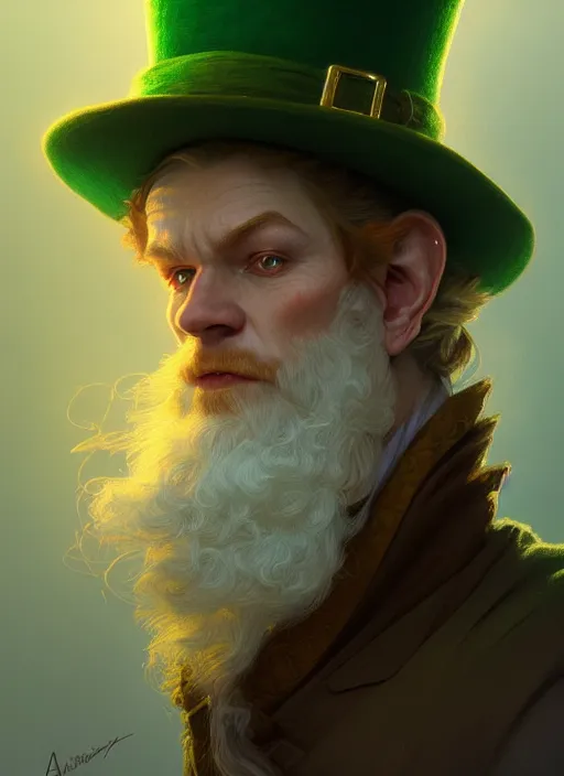 Image similar to portrait of leprechaun, intricate, elegant, highly detailed, digital painting, artstation, concept art, smooth, sharp focus, illustration, art by artgerm and greg rutkowski and alphonse mucha, 8 k