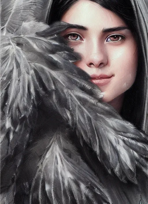 Image similar to a teenage girl with very short black hair and a huge cloak made of grey and black feathers. beautiful highly detailed face. smiling, beautiful painting by artgerm and greg rutkowski and raymond swanland, detailed portrait, closeup