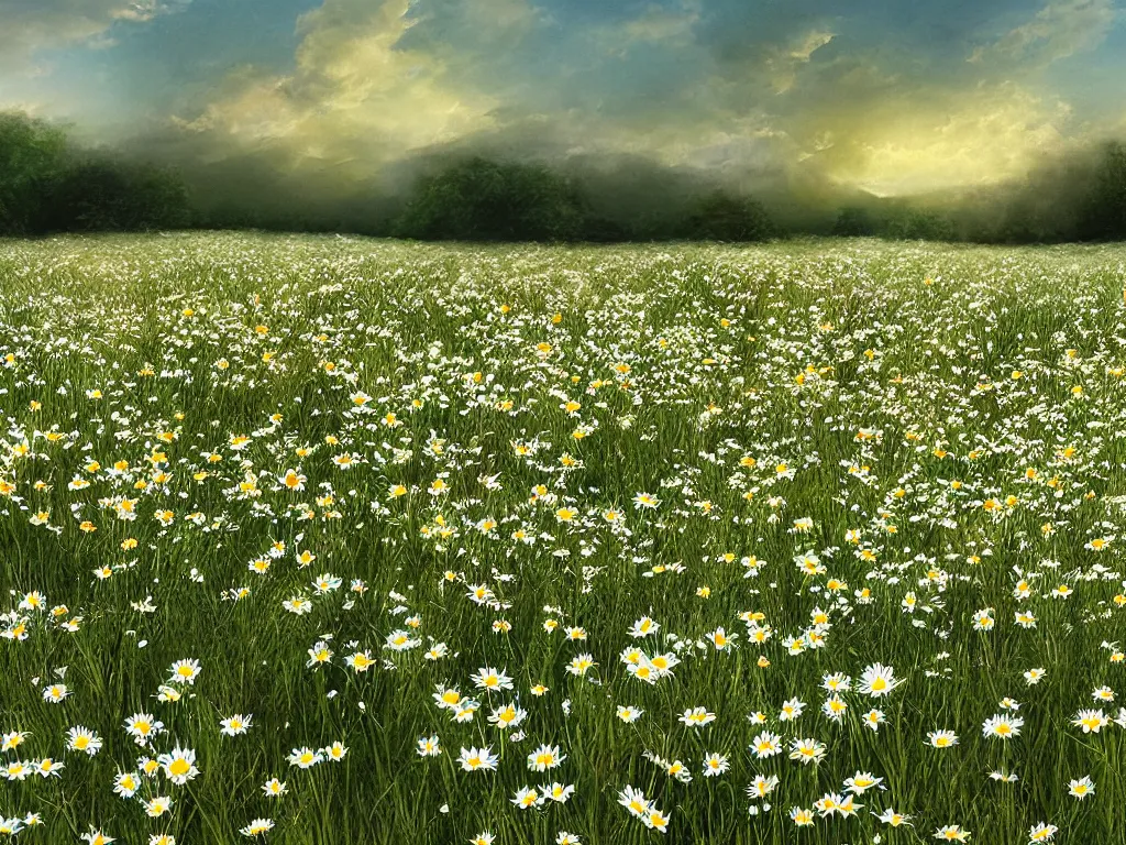 Image similar to rendering of a scene with a meadow full of daisies, matte painting