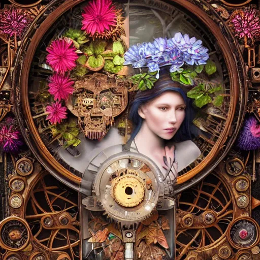 Image similar to a beautiful intricate fine art portrait photo of a mechanical industrial steampunk cybernetic yin yang symbol, overgrown with colorful flowers and leaves by tom bagshaw and sean archer, golden ratio composition, studio lighting, 50mm lens, very detailed, bionic, cybernetic scifi, deep depth of field, artstation, 8K, highly coherent