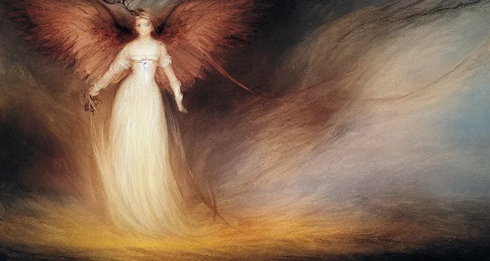 Prompt: Angel knight gothic girl on a neoclassical city. By Joseph Mallord William Turner, fractal flame, highly detailded