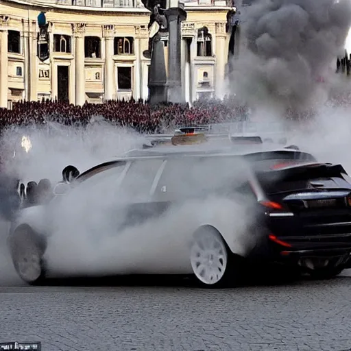 Image similar to a stunning award-winning photo of the Pope doing a sick drift in the pope mobile on St. Peter's square, dark tire marks, gray smoke coming out of the tires, very high quality, extremely detailed