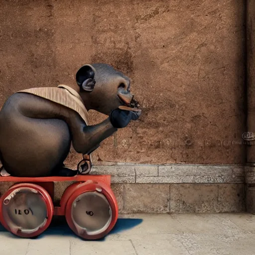 Image similar to a chimpanzee picking up pennies in a city street with a steam roller headed towards him, depth of field, fashion photoshoot by nicoletta ceccoli, mark ryden, lostfish, dan decarlo, bob clampett, max fleischer, breathtaking, detailed and intricate environment, 8 k resolution, hyperrealistic, octane render