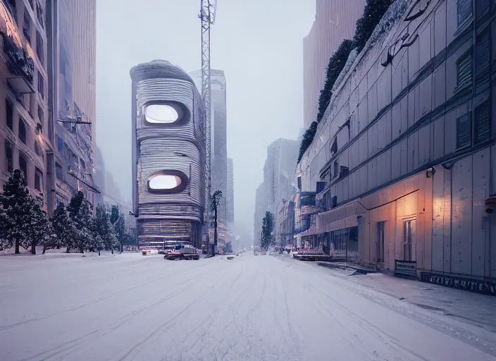 Image similar to a city street covered with snow, winter, dusk, futuristic city, robots populate the street, futuristic cars, extremely detailed, sharp focus, rule of thirds, award winning photography. photo by victor enrich, liam wong.