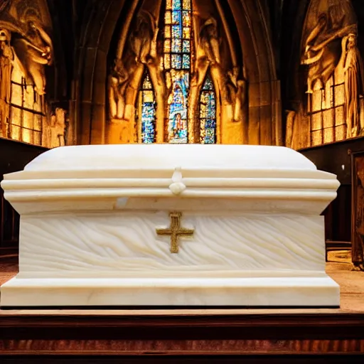 Image similar to the sarcophagus of the medieval king danny devito, carved in alabaster, church interior, hd