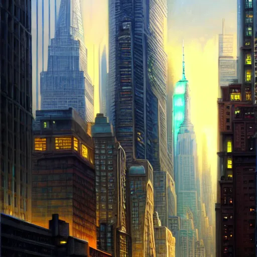 Prompt: a cityscape of new york in the future, flying cars, huge buildings, bright lights, digital painting, artstation, concept art, illustration, artgerm, tomasz alen kopera, peter mohrbacher, donato giancola, joseph christian leyendecker, wlop, boris vallejo